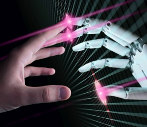 Menschliche Hand und die Roboterhand einer KI berühren sich in einer Matrixebene